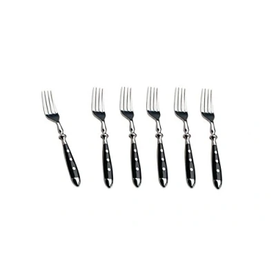 Imagen de Kerafactum juego de 6 tenedores para carne, tenedor asar en la mesa cubierta, tabla 3 niveles, mesa, mango negro, estilo rústico, extensible