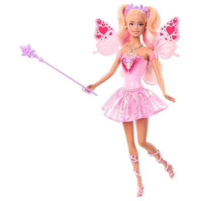 Imagen de Muñeca hada Barbie de fantasía con alas que cambian color y conjunto, incluye una varita juguete esponja accesorios moda