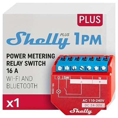 Imagen de Shelly Plus 1PM, Smart Interruptor Relé Inalámbrico y Bluetooth Con Medición de Consumo, Automatización Del Hogar, Compatible Alexa Google Home, iOS Android App, No Hub Requerido
