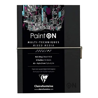 Imagen de Clairefontaine 975185C Un cuaderno cosido de papel dibujo Paint&#039;On 64 páginas negras, 14,8 x 21 cm, 250 g, cierre elástico, tapa blanda negra