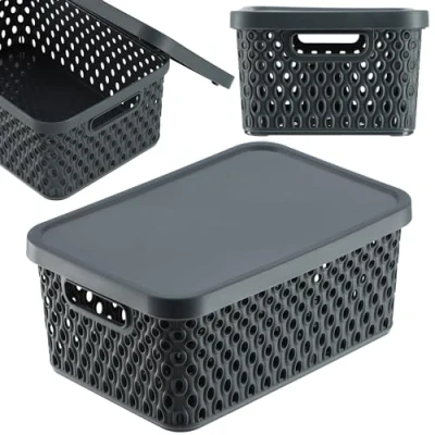 Imagen de KADAX cesta de almacenamiento, con tapa, caja almacenamiento plástico, moderna orificios ventilación (4,5 L, gris)