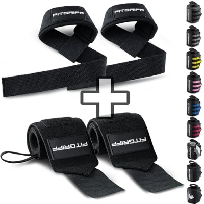 Imagen de Fitgriff® Straps y Muñequeras para Gym (1 Conjunto) Accesorios Gimnasio, Musculacion, Fitness Hombre Mujer (Black)
