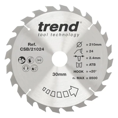 Imagen de Trend CraftPro Hoja de sierra circular TCT uso general para sierras mesa, 210 mm diámetro x 24 dientes 30 interior, punta carburo tungsteno, CSB/21024