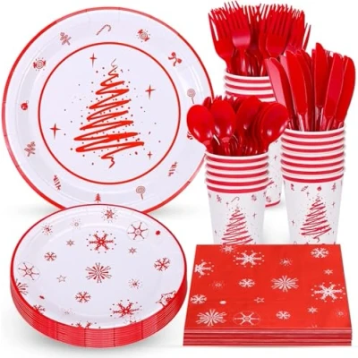 Imagen de KAHEIGN 168 Piezas Vajilla de Papel para Fiestas Navideñas, 24 x Platos Cena y Ensalada, Vasos 270 ml, Servilletas, Reutilizables Cuchillos, Tenedores Cucharas