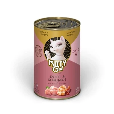Imagen de KITTY Cat Paté Pavo &amp; Camarones 6 x 400 g Comida húmeda para Gatos sin Cereales con taurina, Aceite de salmón y mejillón Labios Verdes, pienso Completo Alto Porcentaje Carne, Fabricado en