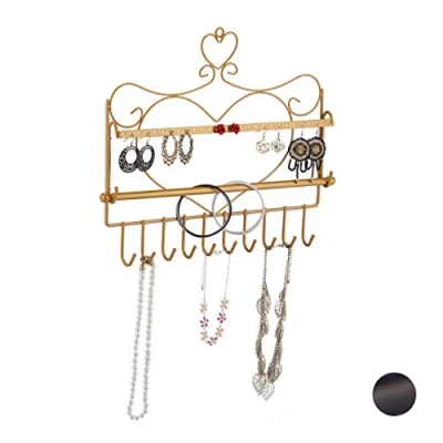 Imagen de Relaxdays Expositor Joyas, De Pared, Organizador Collares, Pendientes, Pulseras, Diseño Corazón, 30x36,5x3,5 cm, Dorado, Hierro, 30 x 36.5 3.5 cm
