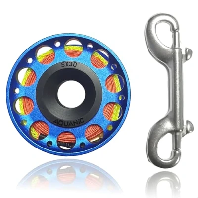 Imagen de carrete de buceo 100 pies con perno doble extremo buceo, clip presión aluminio, dedo para esnórquel, pesca, color azul