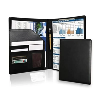Imagen de CZAYEFNH Carpeta A4, piel, A4 Portapapeles Carpetas bloc de notas Soporte Para notas, Portafolio Duro Cuero con Pinza y Bolsillos Interiores (Negro)