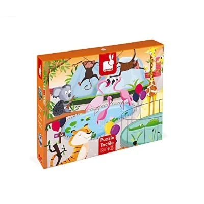 Imagen de Janod Puzle táctil infantil 20 piezas, Un Día en El Zoológico 7 Texturizadas Juego Educativo y Sensorial Tacto, Motricidad Fina concentración Desde 2 años, J02774