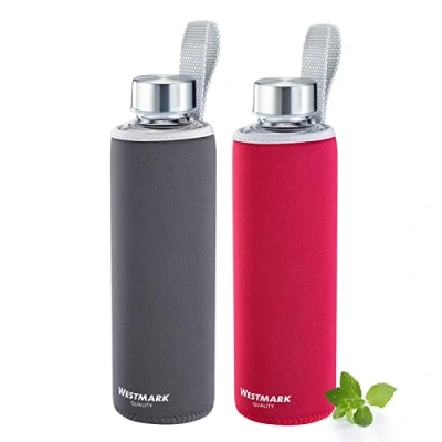 Imagen de Westmark Juego de 2 botellas agua, cristal con impresión, incluye 1 funda protectora, 550 ml, cristal/silicona/caucho, sin BPA, color rojo/antracita/plata/transparente, 527222E8
