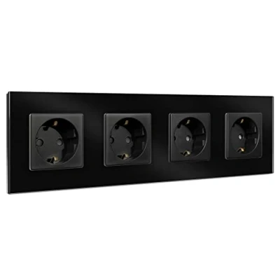 Imagen de Navaris Cubierta de cristal con enchufes Placa triple para pared 4x enchufe europeo Tapa empotrable toma 29.9 x 8.5 4 CM Negro