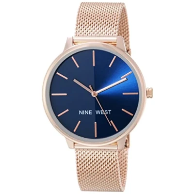 Imagen de Nine West Reloj de Pulsera Malla con Esfera Rayos solares para Mujer, NW/1980NVRG, Oro Rosa/Azul Marino