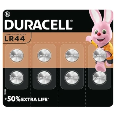 Imagen de DURACELL LR44 (paquete de 8) pilas alcalinas especiales 1,5 V (A76) +50 % EXTRA DURACIÓN Para termómetros digitales, calculadoras, linternas, relojes pulsera, paneles sistemas seguridad