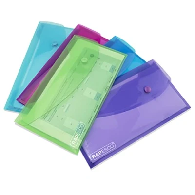 Imagen de Rapesco 0690 ECO Carpeta Sobre Portafolios con Broche, DL, Colores Surtidos Transparentes, Paquete de 5