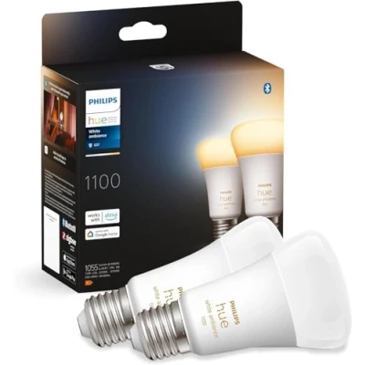 Imagen de Philips Hue 929002468404 Bombilla Inteligente, A60 E27, Luz Blanca de Cálida a Fría, 10.5 W, Compatible con Alexa y Google Home, 2 Unidades (Paquete 1)