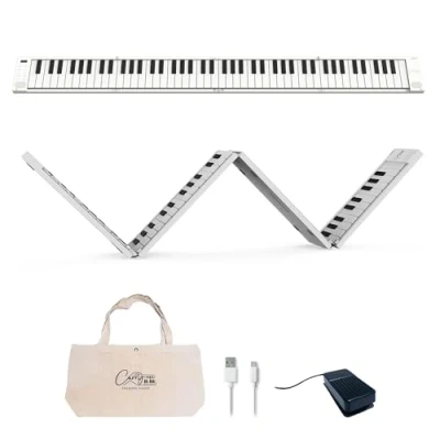 Imagen de Blackstar Piano plegable portátil, de 88 Teclas Blanco con batería recargable por USB integrada y MIDI sobre USB. Teclado 128 sonidos 1,6 kg, 33 cm, BA203010