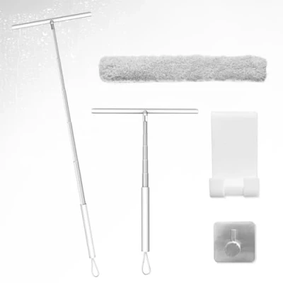 Imagen de LORESJOY Rasquetas limpiacristales para Ducha de Silicona con Soporte, Mango Extensible, Rasqueta y Microfibra Ventana Arandela (Blanco)