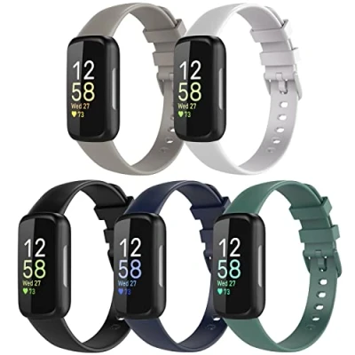 Imagen de TiMOVO Correas de Reloj Compatibles con Fitbit Inspire 3, Deportivas Silicona para Mujer y Hombre, Pulsera Repuesto 3 Tracker, S, Negro/Índigo/Blanco/Gris/Verde Pino