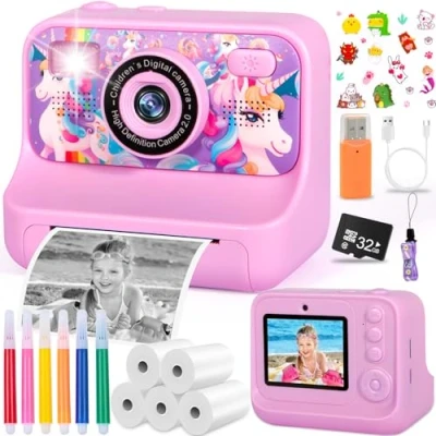Imagen de ZQEJEFD Camara Fotos Infantil Instantanea,1080P 2,4&quot; HD Cámara Instantánea para Niños con 32GB Tarjeta,Papel de Impresión y Bolígrafos Colores,Selfi Instanea,Regalo 3 a 12 Años
