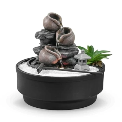 Imagen de Fuente de Interior Jardín Zen, Cascada Jarra, Luz LED Colorida, Decoración Ambiente Relajante, Zen Arena Blanco, Mesa Circuito Cerrado, H21 cm Oasis Zen&#039;Light