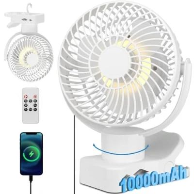 Imagen de 360 Oscilación Ventilador Pinza con Mando a Distancia 10000mAh Portatil Recargable USB de mesa Silencioso Mini Clip Camper 4 Niveles &amp; Temporizador luz LED 75H Ø17.5cm