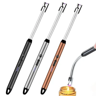 Imagen de Mechero de barra arco eléctrico, recargable por USB, con candado seguridad, portátil, 360, resistente al viento, sin llama, para velas, barbacoa, estufa, camping, chimenea, 3 unidades