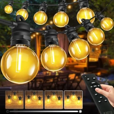 Imagen de Bowfar Cadena de luces para exteriores, 15 m, G40, balcón, exterior, con 25 + 2 unidades, IP68, resistente al agua, regulable, mando a distancia, jardín, terraza, fiesta, boda