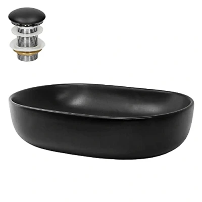 Imagen de ML Design Lavabo De Cerámica Negro Mate Ovalado 600 x 425 145 mm Con Juego Drenaje Sin Rebosadero Lavamanos Moderno Encimera Sobremesa Pila Para Baño Aseo Fregadero Colgante