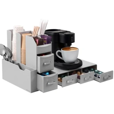Imagen de Navaris Organizador de Cafe Estacion para Accesorios Cafetera con 1x Dispensador Cápsulas Soporte y Mueble Vasos Té Azúcar Gris