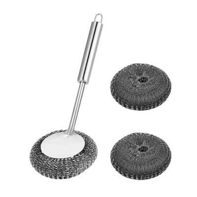 Imagen de Juego de estropajo acero inoxidable con mango largo repuesto para ollas cocina, sartenes y parrillas, cepillos limpieza