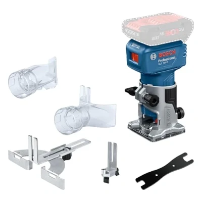 Imagen de Bosch Professional 18V System fresad corte bat GLF 8, incl guía paral, adapt asp fres superf, cantos, rodillo rec enras, pinza suj 8 mm, llave, sin bat/cargador