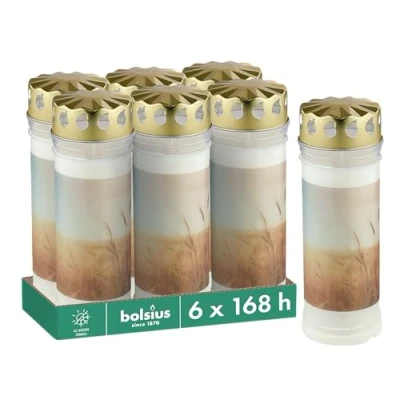 Imagen de Bolsius velas para tumbas 6 unidades 7,5 x 20 cm longitud de combustión Vela luto y memorial Quemador permanente con motivo Campos sin perfume aceite palma nº 7
