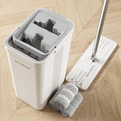 Imagen de JOYMOOP Juego de fregona y cubo con escurridor para el hogar, sistema plana cubo, fregonas limpieza suelos limpiador paredes, 3 almohadillas microfibra reutilizables