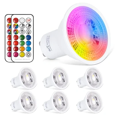 Imagen de Bombillas LED Foco GU10 Blanco Calido RGBW 6W Colores Lámparas regulable por 21llaves Remote Control RGB + cálido 2700K 540LM AC85 265V decoración del hogar (Paquete de 6)