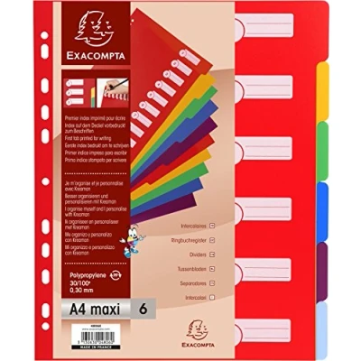Imagen de Exacompta 4806E Separadores de polipropileno rígido opaco con 6 pestañas neutras Primer índice impreso Formato para archivo A4 maxi Colores vivos surtidos