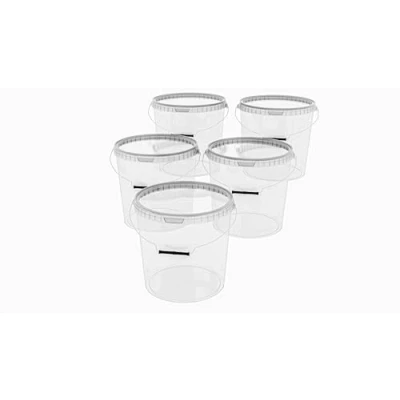 Imagen de MARMOS PLAST Juego de 5 cubos 20 litros plástico transparente con tapa, apilables, para leche, miel, liberación alimentos, aptos harina, agua