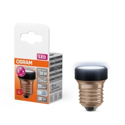 Imagen de OSRAM LED STAR FLAT de 3,5W (como 26W), 270lm/4000K, blanco frío 840, esmerilado, plástico en negro, con rosca E27, regulable 3 vías mediante interruptor pared, diámetro 35 mm.