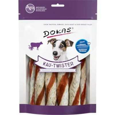 Imagen de DOKAS Masticar Twister con Piel de Vacuno, corazón Pato y Filete pechuga Snack Premium sin Cereales para Perros Vacuno 1 x 200 g