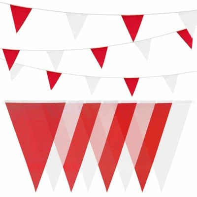 Imagen de Heku banderines Rojo y Blanco con 20 banderines, Resistente a la Intemperie, 10 Metros de Largo, Grandes llamativos, Ideal para Eventos, Cinta fijación integrada