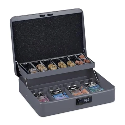Imagen de Relaxdays Caja Dinero, Combinación 3 Números, Bandeja para Monedas, Cajita Hierro, 8,5 x 30,5 25 cm, Gris, Acero
