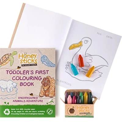 Imagen de Honeysticks Lápices de cera abeja 100% puras, naturales, no tóxicos, seguros para niños y niños, hechos a mano en Nueva Zelanda, 1 año más libro especies peligro (12 unidades con libro)
