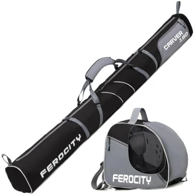 Imagen de Ferocity Juego Premium de Bolsa para esquíes Y Botas esquí 1 par Bastones Zapatos Casco 180 cm con cordón Bolsillo Lateral Color Gris Negro [053]