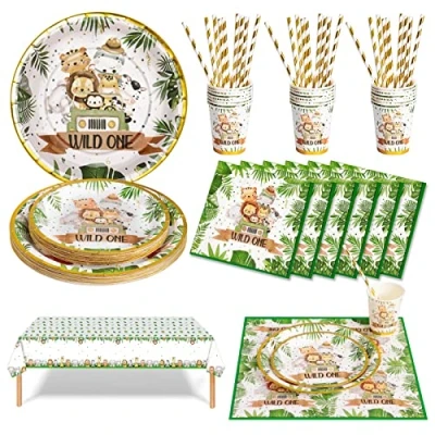 Imagen de Nkaiso Vajilla de Fiesta 126 Piezas Jungle Animals Party Decoraciones Cumpleaños Set Juego Platos Cubiertos Vasos y servilletas para Baby Shower Niños 25 Invitados