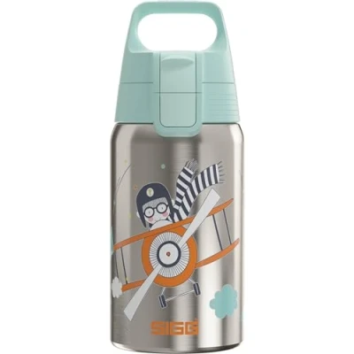 Imagen de Sigg Stainless Steel Kids Water Bottle Shield One Fly Away Suitable For Carbonated Beverages Leakproof Lightweight BPA Free Brushed with Helicopter 0.5L