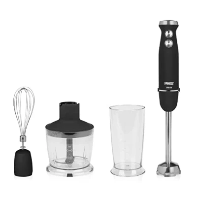 Imagen de Princess 221220 Set de batidora mano, Control velocidad, 800 W, incluye taza medir, picador y batidor, acabado goma para un agarre ergonómico, acero Inoxidable, negro