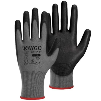 Imagen de KAYGO 12 pares de guantes trabajo para hombres y mujeres, protección recubiertos PU, agarre antideslizante en palmas dedos, adecuados trabajos generales (Gris, talla 7)