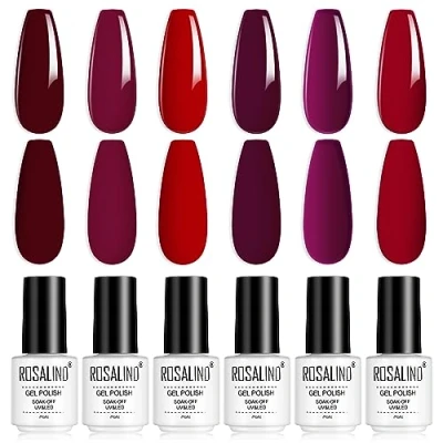 Imagen de ROSALIND Esmaltes Semipermanentes de Uñas en Gel, Rojo Púrpura para 6pcs, Kit Pintauñas Set
