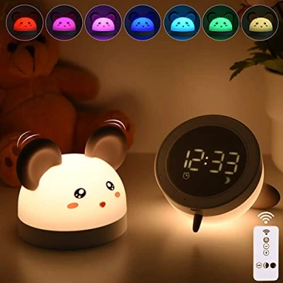 Imagen de Luz Nocturna Infantil Bawoo Reloj Despertador con para Niños Quitamiedos Lámpara Bebé, Silicona Seguro Bebé Niño, Brillo Ajustable Ahorro de Energía, Regalos