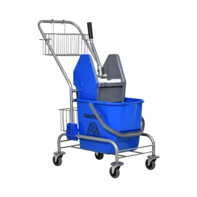 Imagen de HOMCOM Cubo de Fregona Fregado Comercial con Escurridor Presión hacia Abajo Ruedas y Cestas Almacenamiento Capacidad 26 L 73x45x95 cm Azul