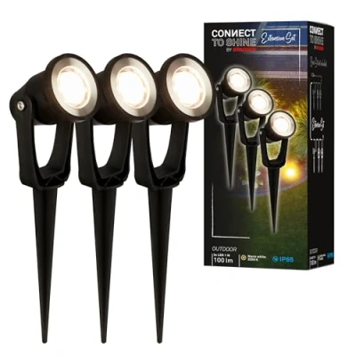 Imagen de Briloner Sistema de jardín Connect to Shine 12 V, juego 3 focos LED con estaca, extensión, IP65, luz blanca cálida, iluminación jardín, foco para 22,5x6x5 cm, negro